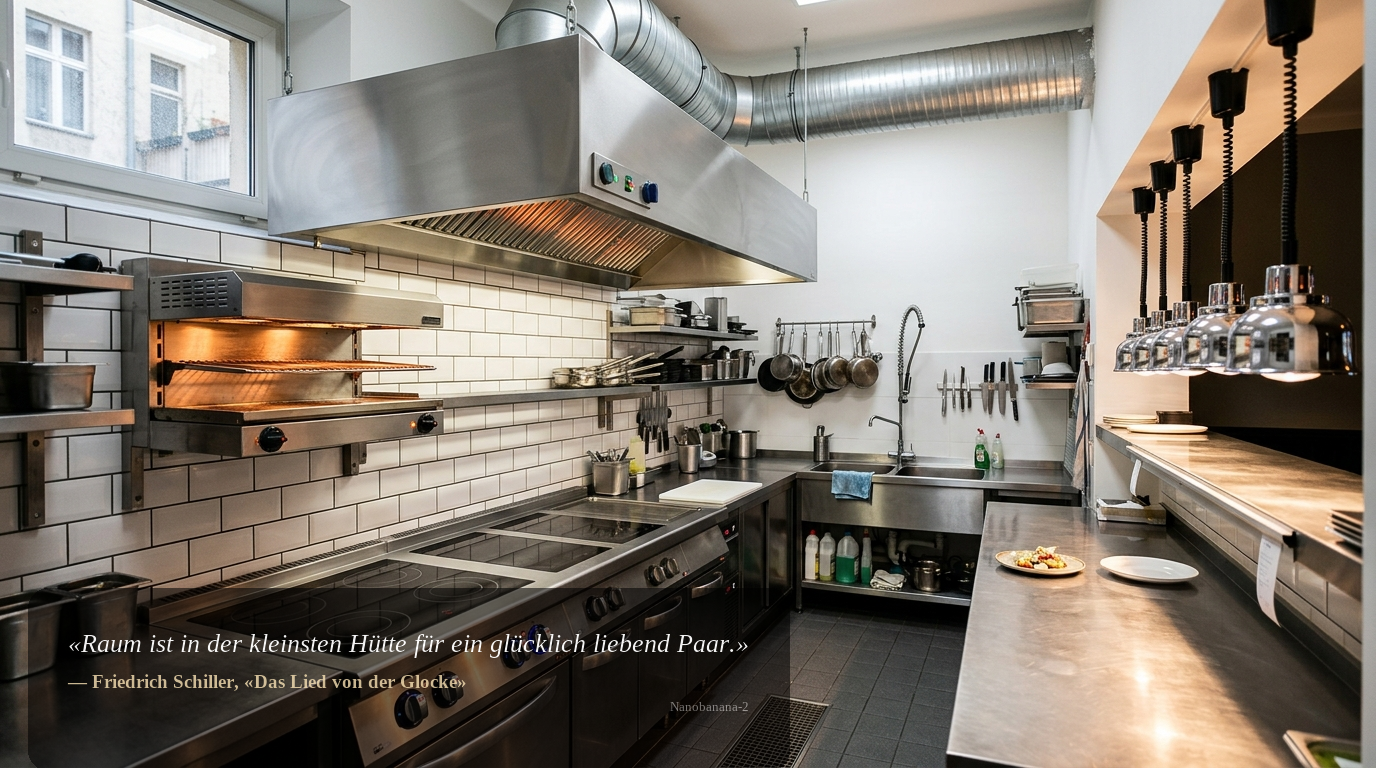 Edelstahl-Gewerbeküche mit Pass und starker Abluft in Berliner Restaurantimmobilie – Detailfoto für Kaufinteressenten.