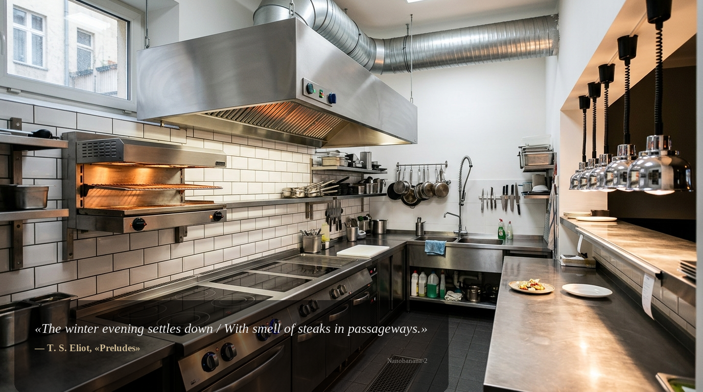Edelstahl-Gewerbeküche mit Pass und starker Abluft in Berliner Restaurantimmobilie – Detailfoto für Kaufinteressenten.