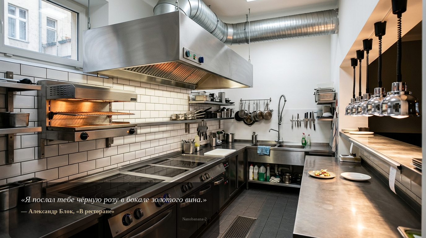 Edelstahl-Gewerbeküche mit Pass und starker Abluft in Berliner Restaurantimmobilie – Detailfoto für Kaufinteressenten.