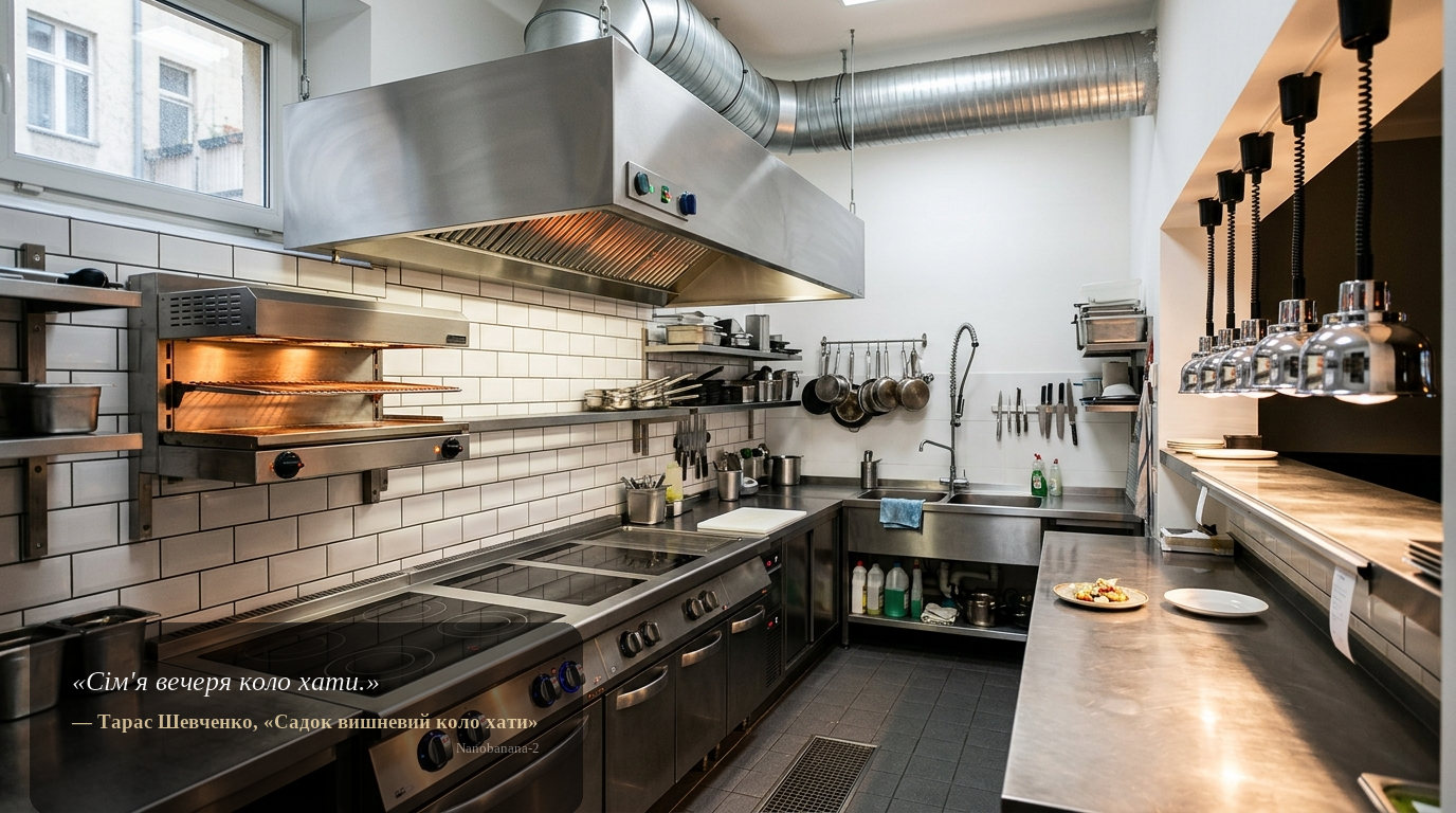Edelstahl-Gewerbeküche mit Pass und starker Abluft in Berliner Restaurantimmobilie – Detailfoto für Kaufinteressenten.