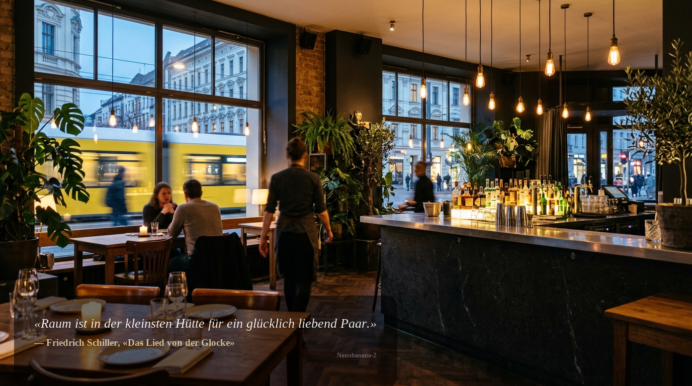 Stimmungsvolles Innenraumfoto eines modernen Berliner Bistros bei blauer Stunde mit vorbeifahrender gelber Tram, Gesichter nicht sichtbar.
