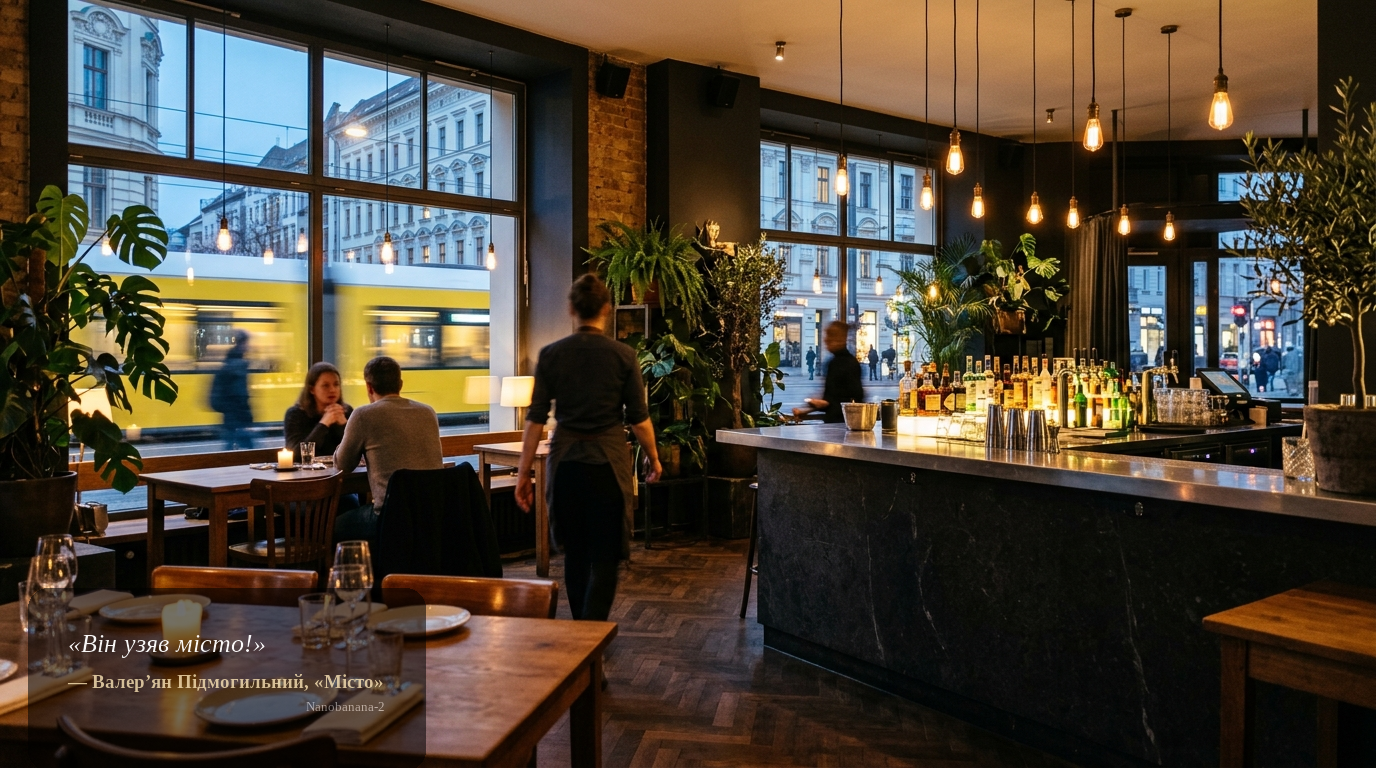 Stimmungsvolles Innenraumfoto eines modernen Berliner Bistros bei blauer Stunde mit vorbeifahrender gelber Tram, Gesichter nicht sichtbar.