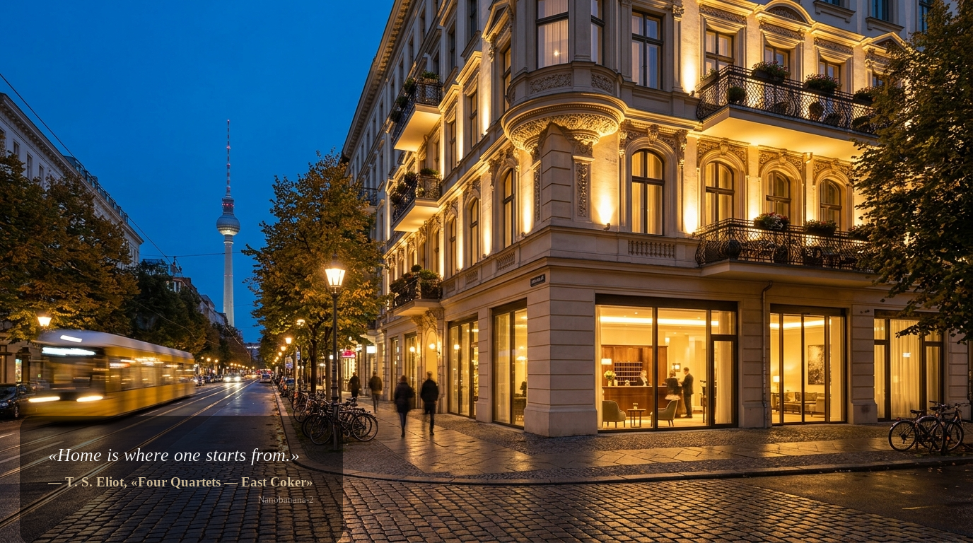 Weitwinkelaufnahme eines eleganten Boutique-Hotels in Berlin-Mitte bei Blaue Stunde, mit vorbeifahrender Tram und Fernsehturm im Hintergrund.
