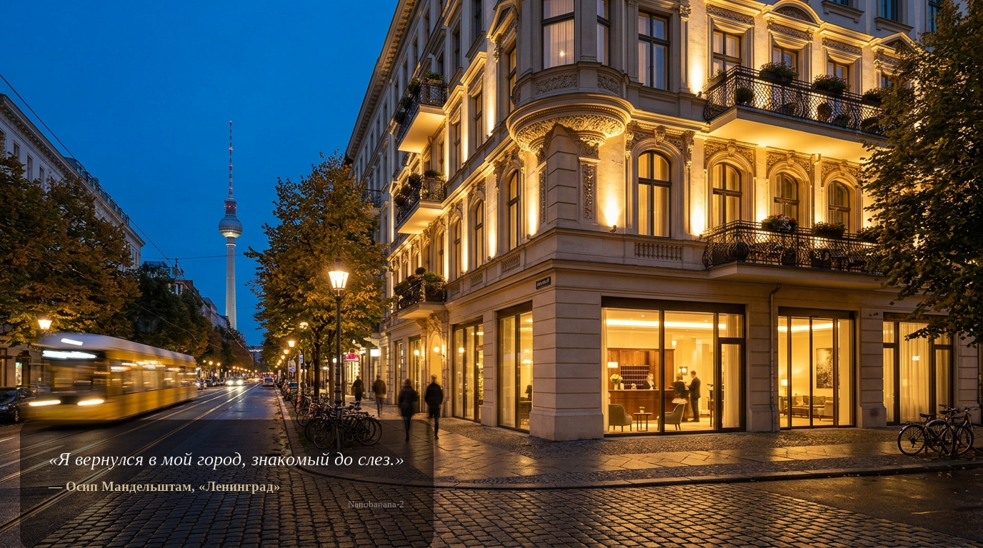 Weitwinkelaufnahme eines eleganten Boutique-Hotels in Berlin-Mitte bei Blaue Stunde, mit vorbeifahrender Tram und Fernsehturm im Hintergrund.
