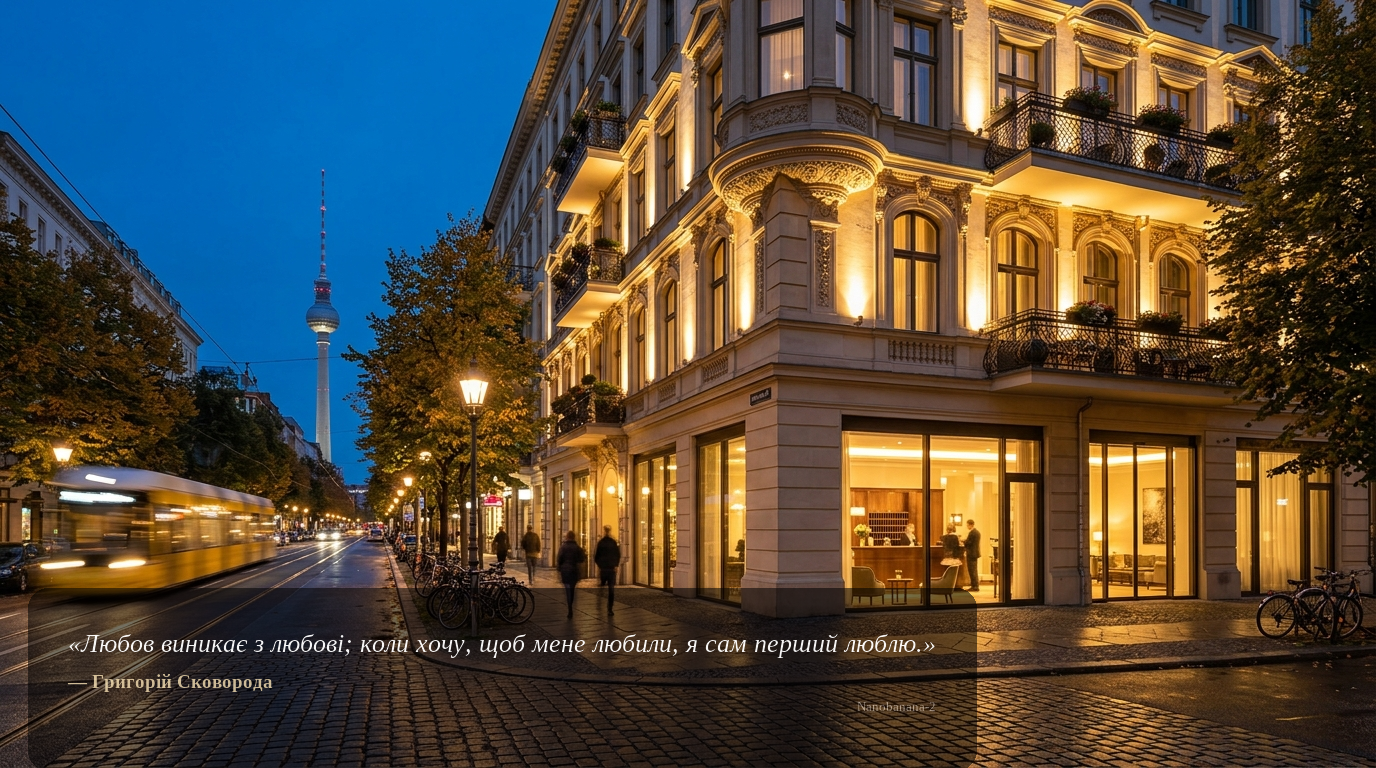 Weitwinkelaufnahme eines eleganten Boutique-Hotels in Berlin-Mitte bei Blaue Stunde, mit vorbeifahrender Tram und Fernsehturm im Hintergrund.
