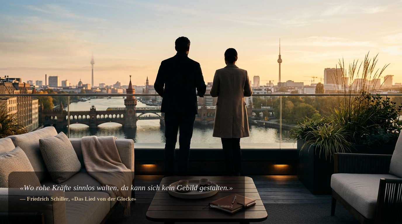 Rooftop-Terrasse eines Berliner Hotels bei Sonnenaufgang mit Blick auf Spree, Oberbaumbrücke und Skyline; Silhouetten blicken über die Stadt.
