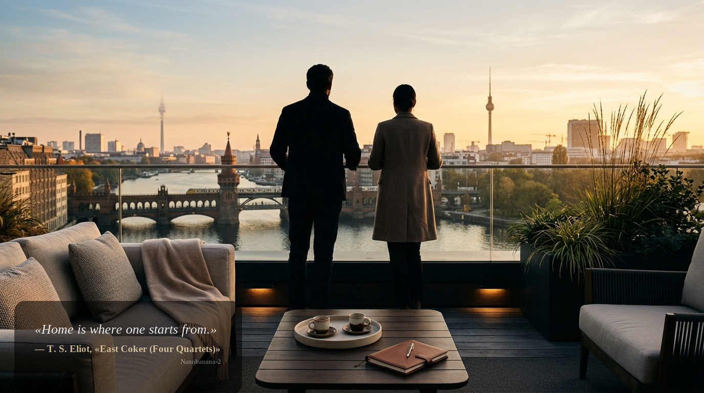Rooftop-Terrasse eines Berliner Hotels bei Sonnenaufgang mit Blick auf Spree, Oberbaumbrücke und Skyline; Silhouetten blicken über die Stadt.