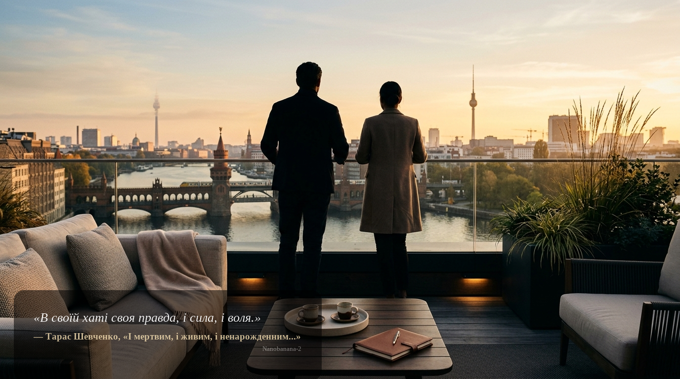 Rooftop-Terrasse eines Berliner Hotels bei Sonnenaufgang mit Blick auf Spree, Oberbaumbrücke und Skyline; Silhouetten blicken über die Stadt.