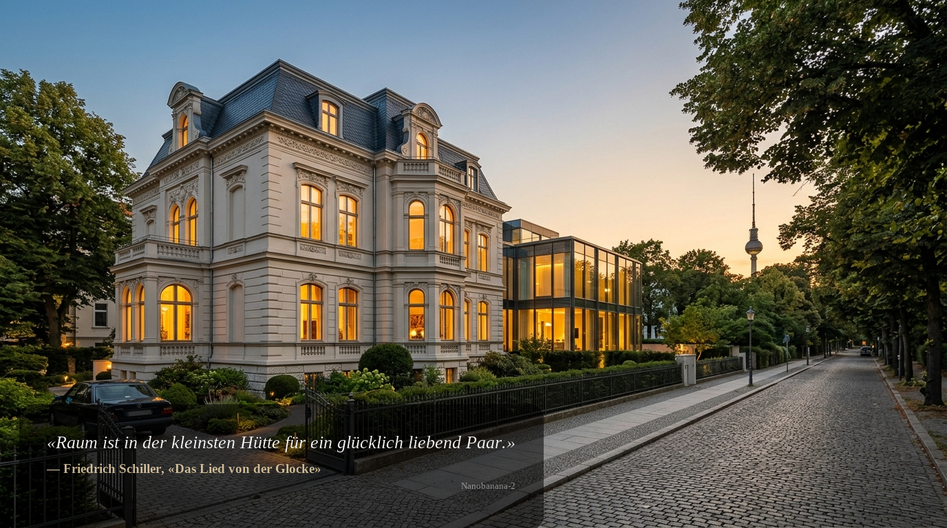 Elegante Stadtvilla in Berlin mit Kopfsteinpflaster und fernem Fernsehturm bei Dämmerung – Haus kaufen Berlin.