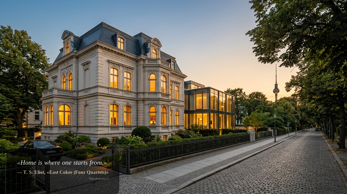 Elegante Stadtvilla in Berlin mit Kopfsteinpflaster und fernem Fernsehturm bei Dämmerung – Haus kaufen Berlin.