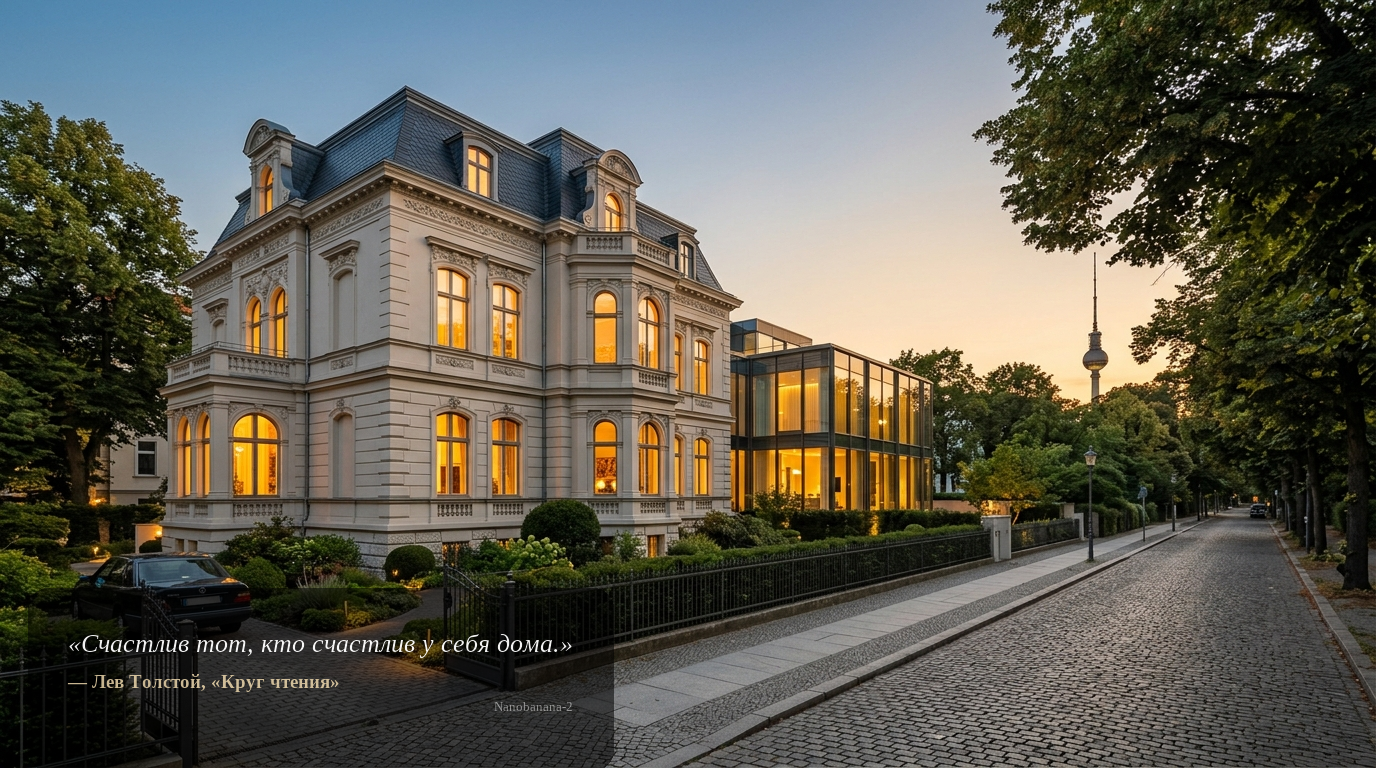 Elegante Stadtvilla in Berlin mit Kopfsteinpflaster und fernem Fernsehturm bei Dämmerung – Haus kaufen Berlin.