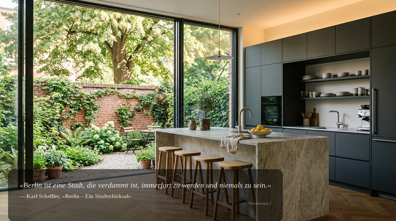 Hochwertige Küche in Berliner Haus mit Natursteininsel und Gartenblick – Haus kaufen Berlin.