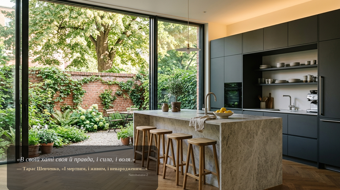 Hochwertige Küche in Berliner Haus mit Natursteininsel und Gartenblick – Haus kaufen Berlin.