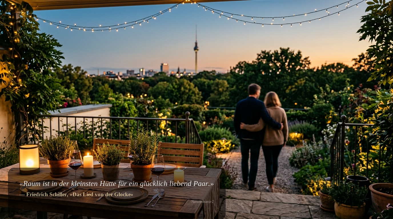 Abendliche Gartenterrasse in Berlin, Paar von hinten, warme Lichter und ferner Fernsehturm – Haus kaufen Berlin.