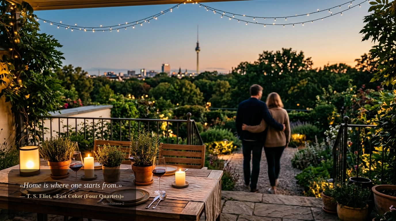 Abendliche Gartenterrasse in Berlin, Paar von hinten, warme Lichter und ferner Fernsehturm – Haus kaufen Berlin.