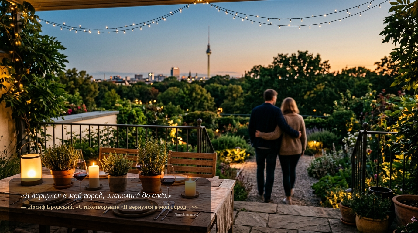 Abendliche Gartenterrasse in Berlin, Paar von hinten, warme Lichter und ferner Fernsehturm – Haus kaufen Berlin.