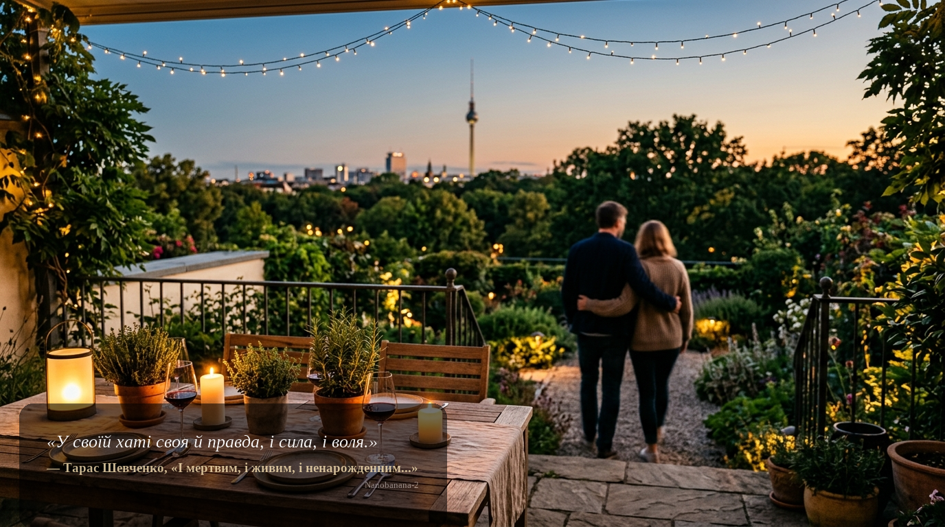 Abendliche Gartenterrasse in Berlin, Paar von hinten, warme Lichter und ferner Fernsehturm – Haus kaufen Berlin.