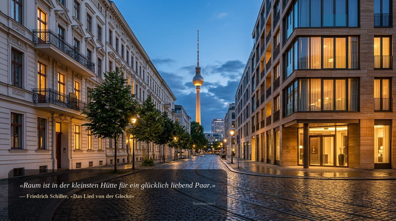 Weitwinkel-Abendaufnahme einer hochwertigen Wohnstraße in Berlin-Mitte mit Altbau und modernem Neubau, Tramgleisen und Fernsehturm im Hintergrund.