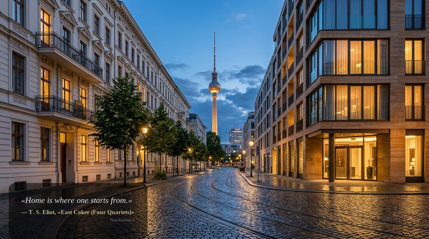 Weitwinkel-Abendaufnahme einer hochwertigen Wohnstraße in Berlin-Mitte mit Altbau und modernem Neubau, Tramgleisen und Fernsehturm im Hintergrund.