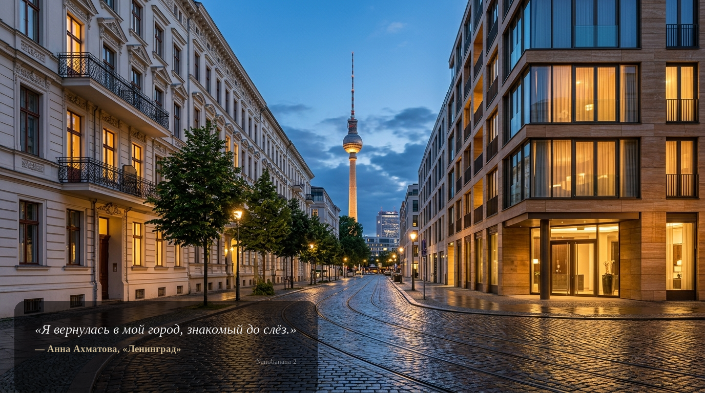 Weitwinkel-Abendaufnahme einer hochwertigen Wohnstraße in Berlin-Mitte mit Altbau und modernem Neubau, Tramgleisen und Fernsehturm im Hintergrund.